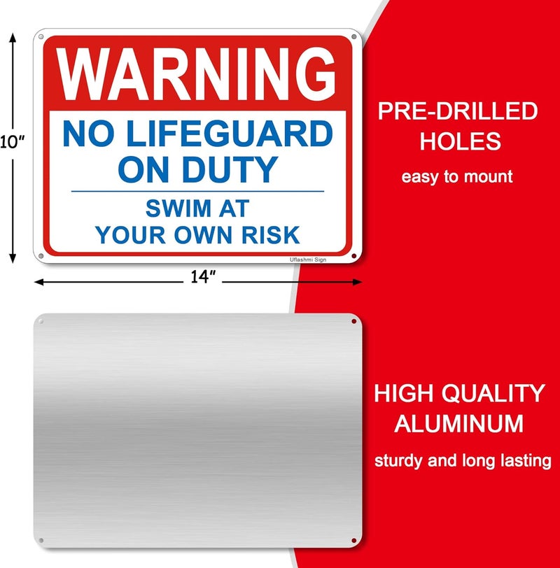 Uflashmi Warning No Lifeguard On Duty Pool Sign, Swim at Your Own Risk Sign, Metal Pool Signs for Outdoor, 10X14 Inch - Image 2